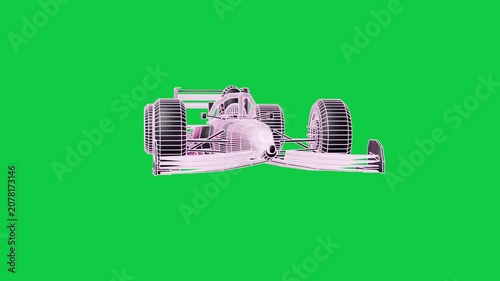 Camera pan starting F1 wireframe racer rotating and showing suspension for demo on transparent void