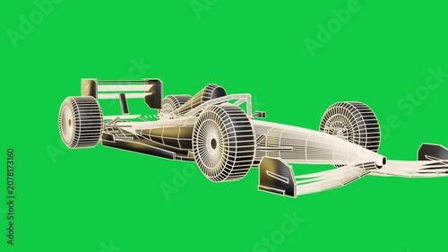 Orbiting camera zooming, showing wireframe F1 car front-right wheel on clear bg, focusing gold glow