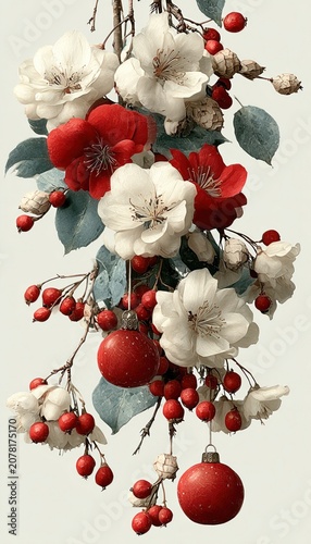 Snowberries, pine twigs, red ornaments, and cones arranged in festive garland, isolated on white or transparent background