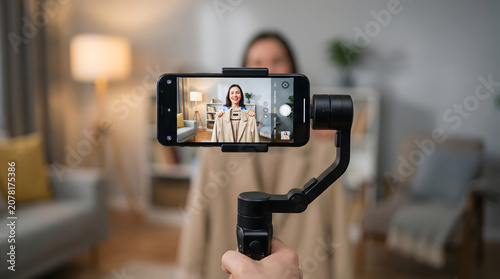 Beautiful lifestyle influencer holding hanger with jacket recording video blog on mobile phone with smart gimbal