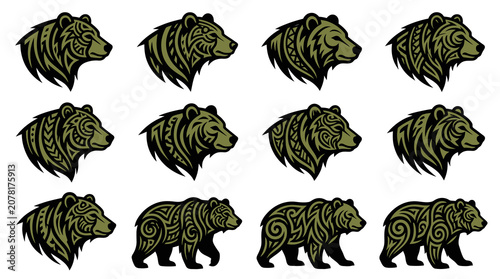 Fotografía Dark green tribal grizzly bear silhouettes and icons.