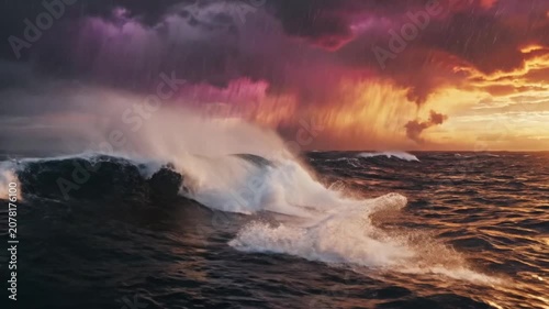 Dolphins leap through ocean waves during a vibrant sunset storm