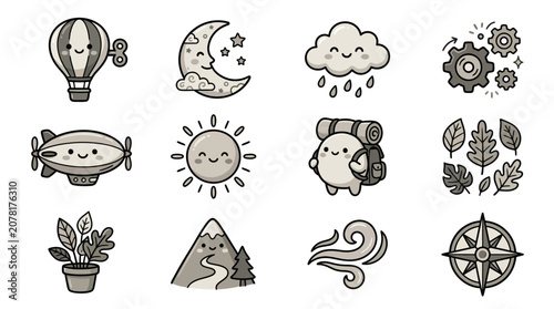 Obraz na plátně Cute wind-up outdoor adventure and nature icon set.