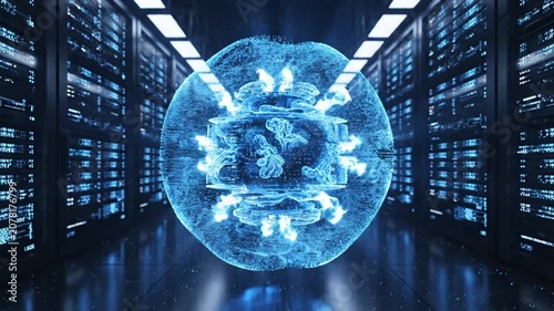 Glowing digital energy sphere inside a modern server room facility