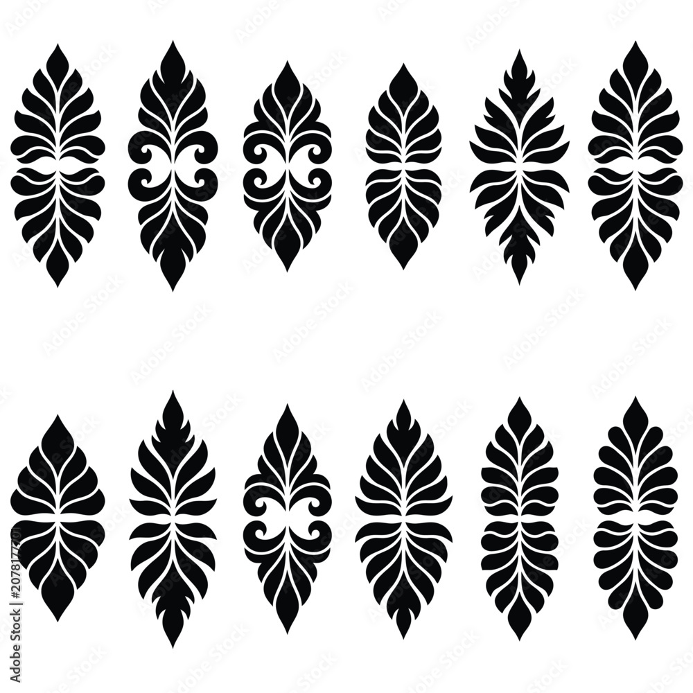 Obraz premium Damask vintage ornament vector element set featuring black silhouette floral motifs baroque filigree designs and classic royal patterns on background.