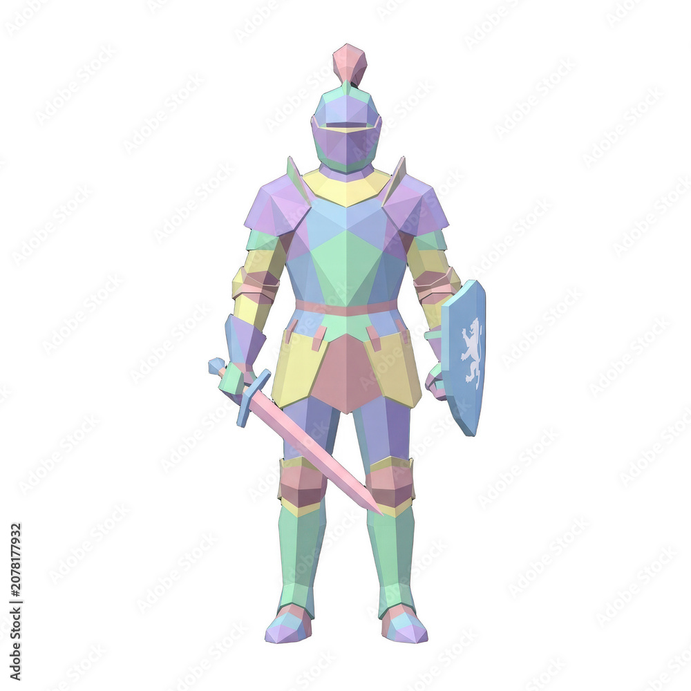 Fototapeta premium Low poly knight in armor with shield and sword