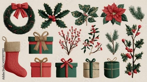 Collection of seasonal decorations including wreath, holly, gifts, branches, berries, and stockings