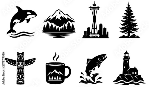 Travel icon collection featuring orca, mountain, Space Needle, pine tree, totem pole, coffee mug, salmon, and lighthouse representing Pacific Northwest landmarks.