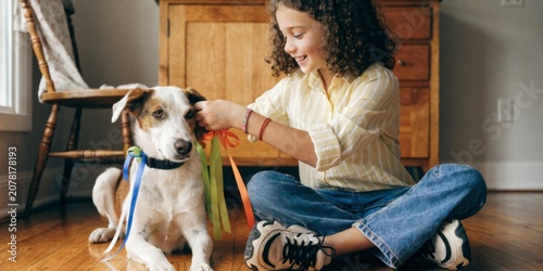 Woman petting dog wearing colorful bandanas in cozy living room with natural light streaming through window, creating warm and inviting atmosphere.