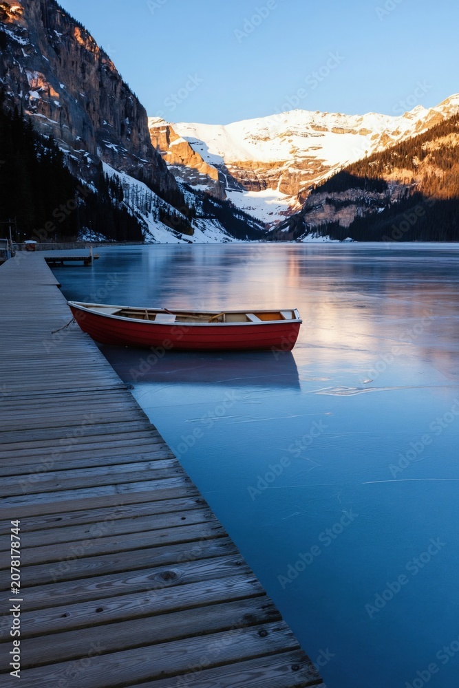 Fototapeta premium Tranquil lake reflects snow-capped mountains. Small red boat rests near wooden pier. Calm water mirrors peaks, creating stunning scenery. Early morning light illuminates landscape. Peaceful scene