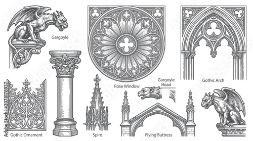 Cuadro en lienzo Gothic Architecture Elements: Gargoyles, Rose Window, Arches, Column, Spine