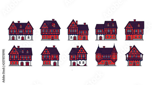Obraz na plátně Set of Traditional Half-Timbered Houses, European Village Architecture