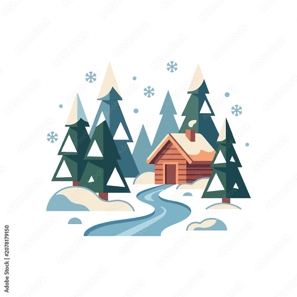 Obraz premium The Image Is An Illustration Of A Winter Scene With A Small Wooden Cabin