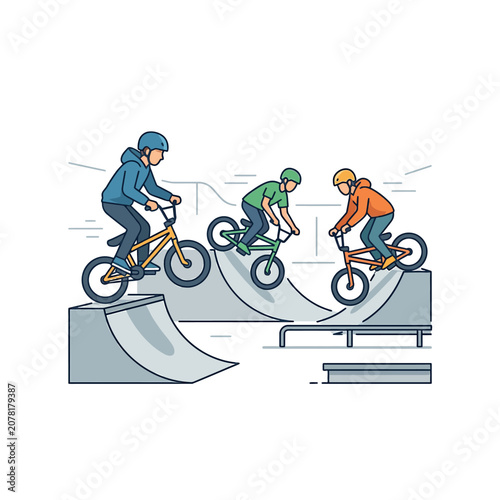 The Image Shows Three People Riding Bicycles On A Ramp The Person On The