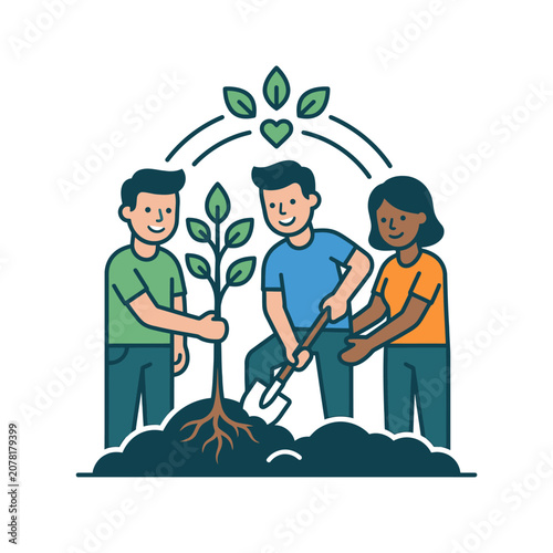 The Image Shows Three People Two Men And A Woman Planting A Tree Together