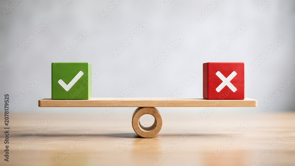Fototapeta premium Balanced wooden scale weighing a green check mark against a red cross representing ethical business decisions and choices