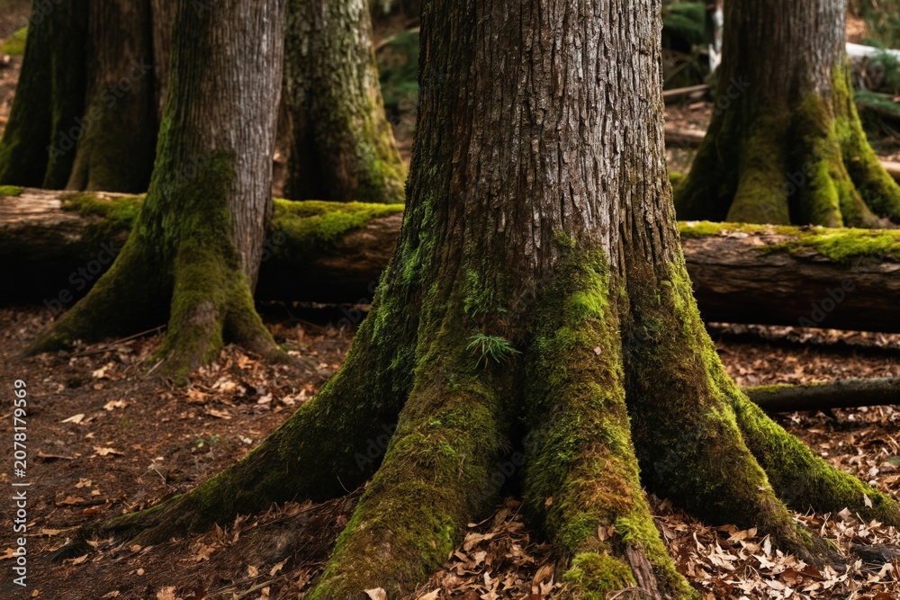 Obraz premium Old forest trees with green moss on roots and trunks. Fallen logs and dry leaves cover the ground in this quiet, wild woodland scene. Nature growth pattern thrives.