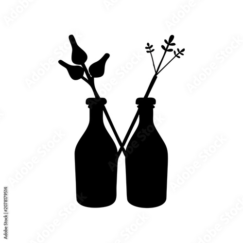 Minimalist silhouette of decorative floral branches in glass vases with silhouette botanical decoration minimalist interior isolated ornament composition background