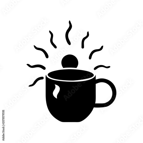 Minimalist black icon of a steaming hot cup of coffee or tea with beverage breakfast silhouette minimalist caffeine refreshment isolated background illustration steaming container