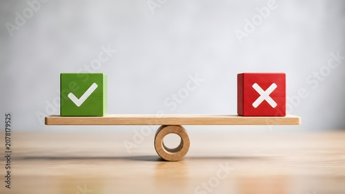 Balanced wooden scale weighing a green check mark against a red cross representing ethical business decisions and choices