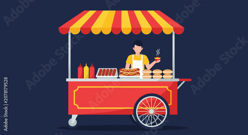 Street food vendor standing behind a red hot dog cart with a striped yellow awning serving a customer against a dark blue background.