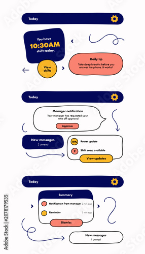 Mobile application interface design for shift work management and notifications with interface notification schedule management business messages reminders approval productivity organized