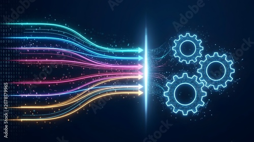 Digital transformation data processing showing glowing information streams converting into automated blue gears for workflow integration