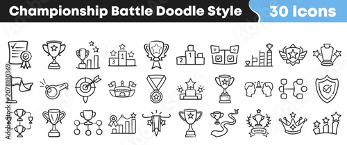 Foto Set of thirty hand drawn championship battle icons in doodle style