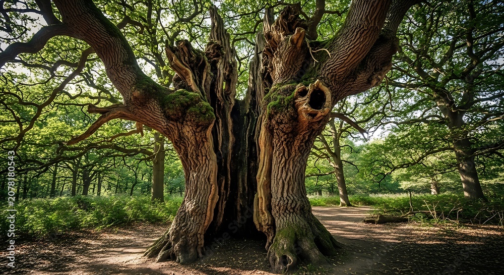 Fototapeta premium Ancient Large Tree with Thick Trunk and Lush Green Foliage in Forest.