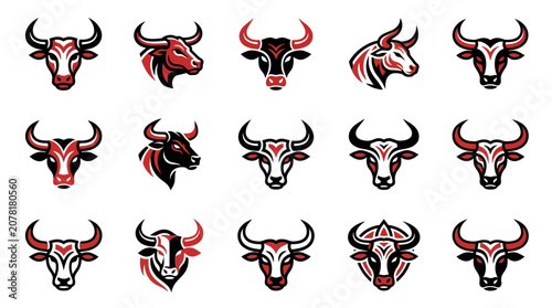 Foto Diverse bull head mascot icons with red accents.