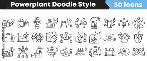 Foto Hand drawn set of thirty doodle style power plant icons