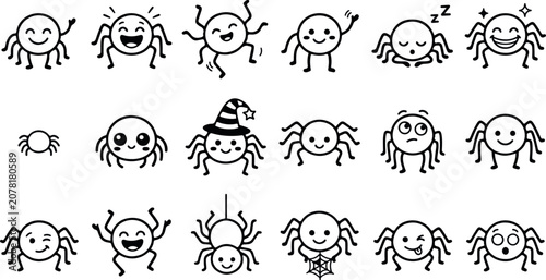 Collection of playful cartoon spider characters with various emotions and expressions