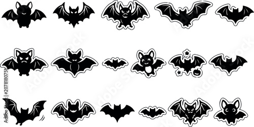 Diverse collection of black bat silhouettes and illustrations for halloween designs and spooky themed graphics