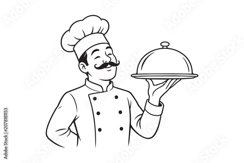 Happy chef holding a silver food platter tray