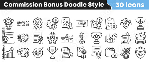 Set of thirty hand drawn commission bonus doodle style icons