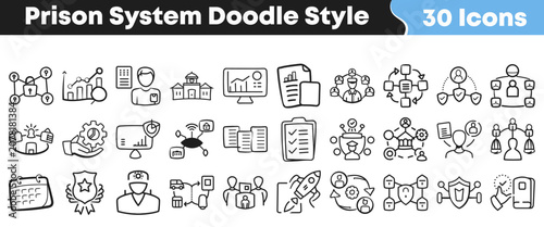 Foto Hand drawn prison system doodle icons set for graphic design