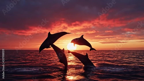 Silhouetted marine mammals leaping from ocean waves at sunset
