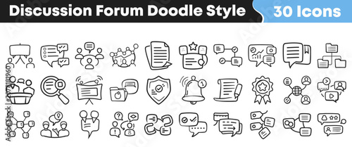 Foto Set of thirty hand drawn discussion forum doodle style icons