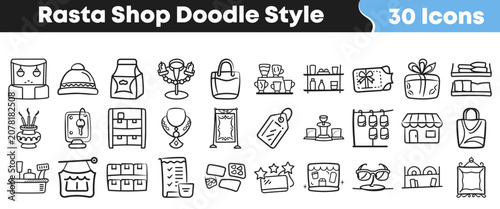 Bild auf Leinwand Collection of thirty rasta shop doodle style black line icons