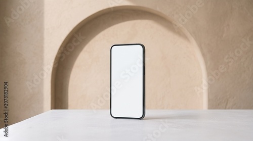 Smartphone mockup, blank screen, on table, beige background, archway