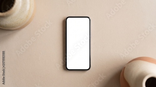 Smartphone mockup, blank screen, beige background, ceramic vases, minimalistic setup