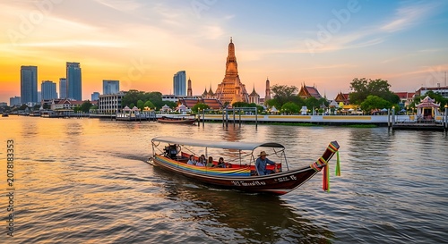 Scenic View of Wat Arun Temple and Chao Phraya River in Bangkok at Sunset.