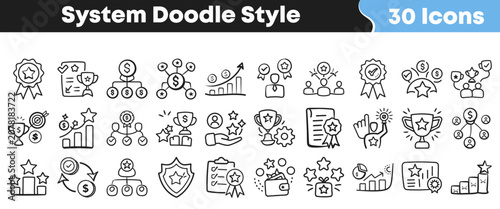 Collection of thirty hand drawn doodle style business achievement icons