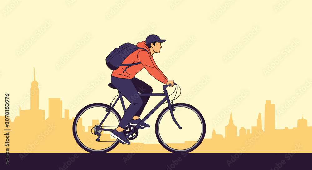 Fototapeta premium Young man cycles through the city streets at sunset with a backpack on his back and the urban skyline visible in the background.