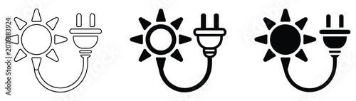 Foto Solar energy vector icons with sun connected to electric plug symbols for clean