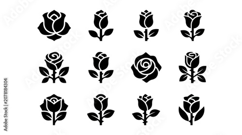 Cuadro en lienzo Collection of Rose Icons and Silhouettes - Black and White Floral Graphics