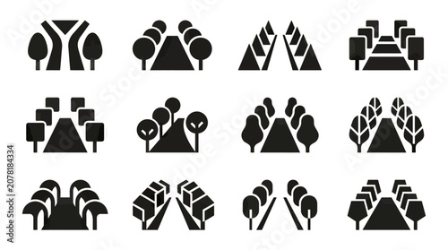 Fotografie Vector Icons: Tree Lined Paths and Roads in Different Styles