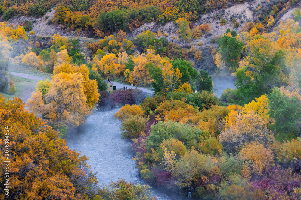 Naklejka premium Autumn river flowing through colorful vibrant fall foliage with fog in Utah