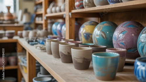 Handcrafted pottery items displayed on wooden shelves in a ceramics studio