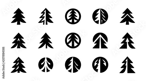Set of stylized fir tree icons and symbols, minimalist forest design elements
